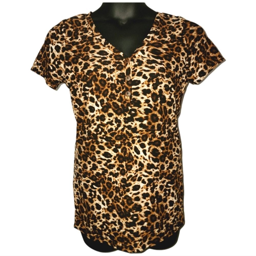 Leopard Short Sleeve Top w/ FREE Matching Hair Scrunchie, Plus Size 1xl